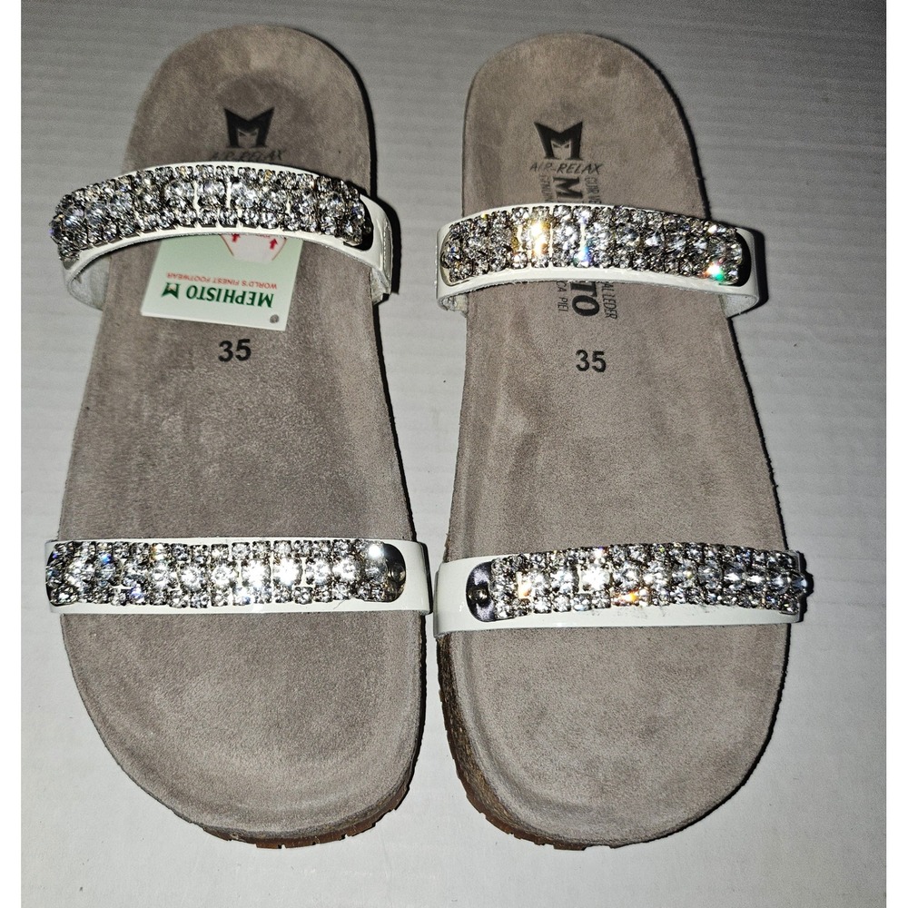 Mephisto Ivana Sandals Women 5 White Rhinestone Patent Leather Wedge Slides NEW - Picture 2 of 10